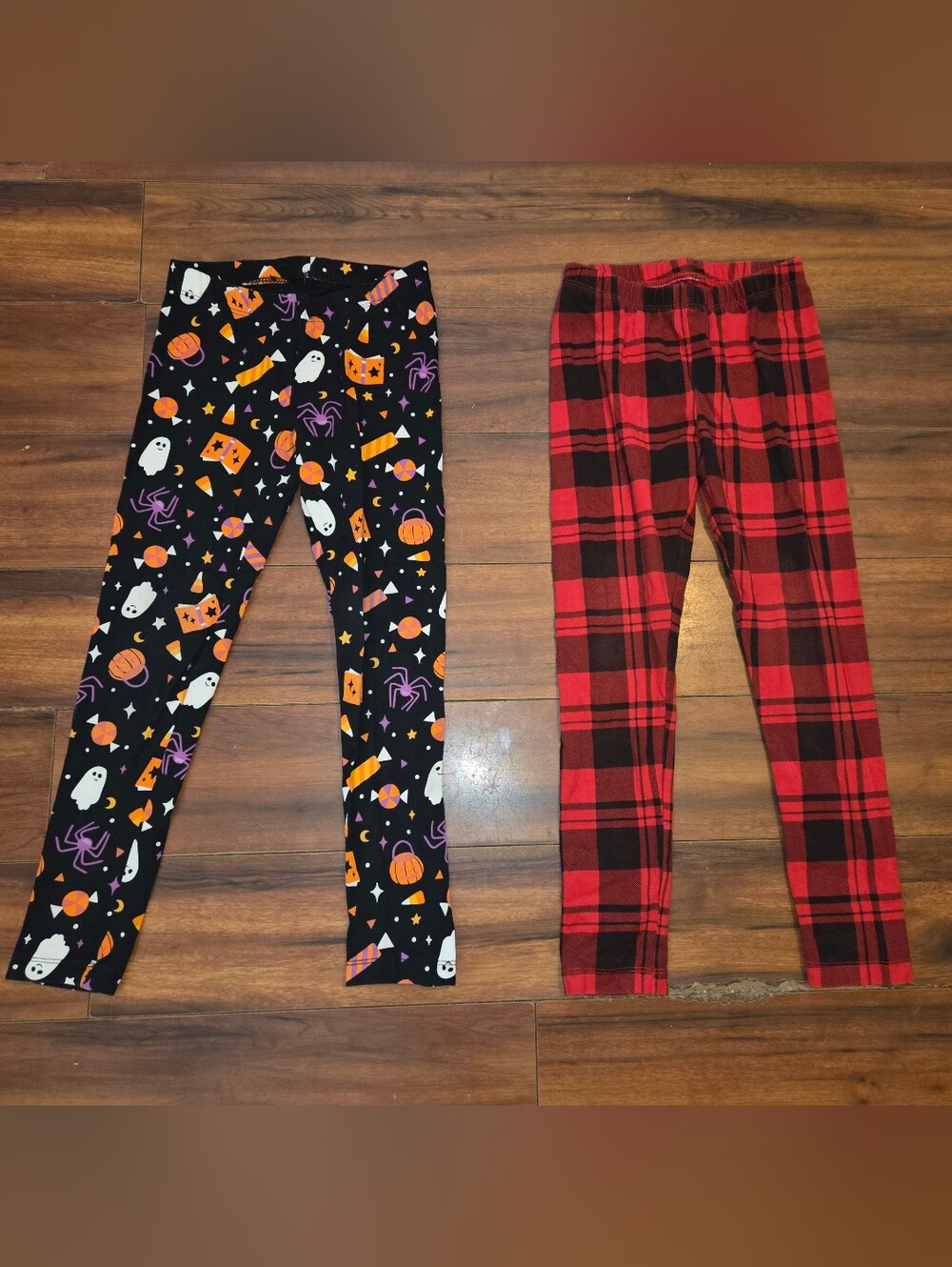Cat & Jack Girl's Black Halloween Print and Red Plaid Christmas Holiday Leggings